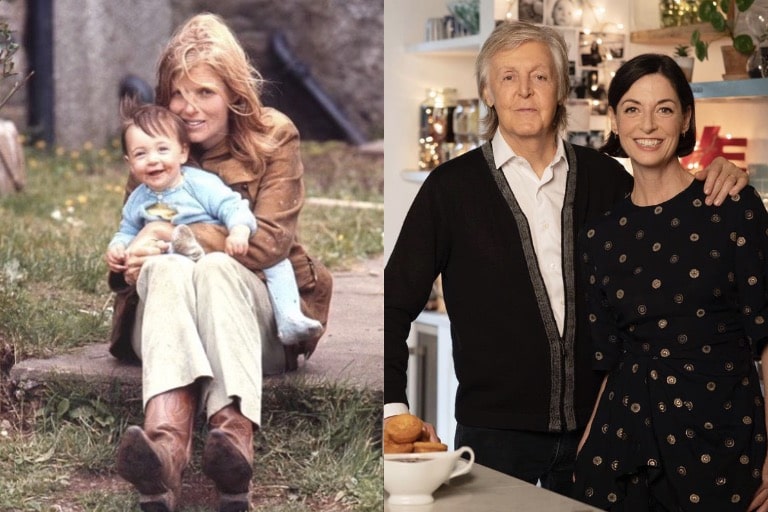 On the left is Mary Anna McCartney being held by her mother (Linda Eastman) when she was a child, and on the right is a photo of Mary Anna McCartney with her father Paul McCartney now