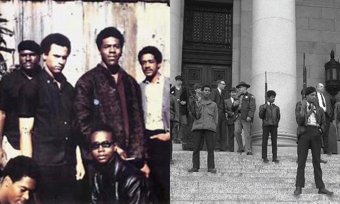 The left image shows the Original six members of the Black Panther Party (1966):Top left to right: Elbert "Big Man" Howard, Huey P. Newton (Defense Minister), Sherwin Forte, Bobby Seale (Chairman); Bottom: Reggie Forte and Little Bobby Hutton (Treasurer) The image on the right shows the Black Panther Party armed demonstration at the California State Capitol on May 2, 1967